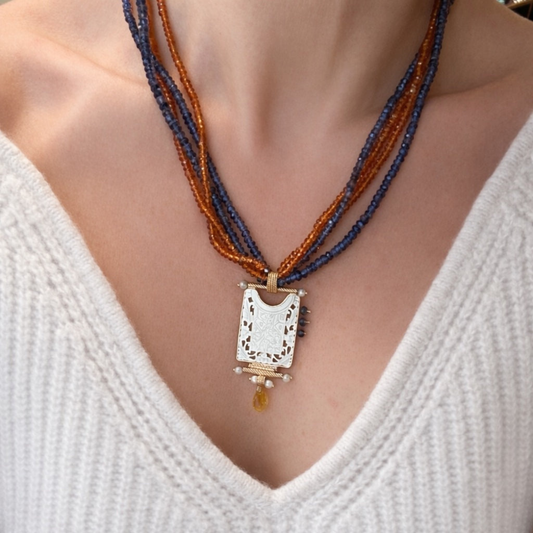 Sapphire Necklace with Antique Chinese Gambling Chip Pendant