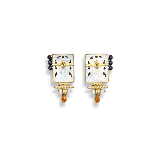 Gold Sapphire Earring with Antique Mother of Pearl