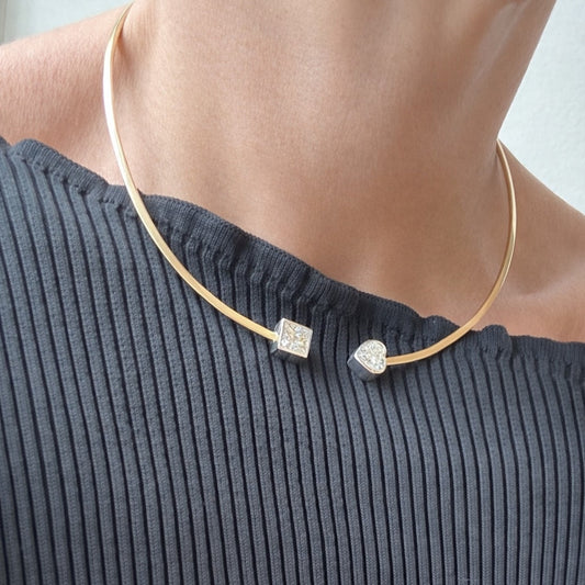 Square & Heart Diamond Open Cuff Necklace – 18k Gold, Platinum Bezels