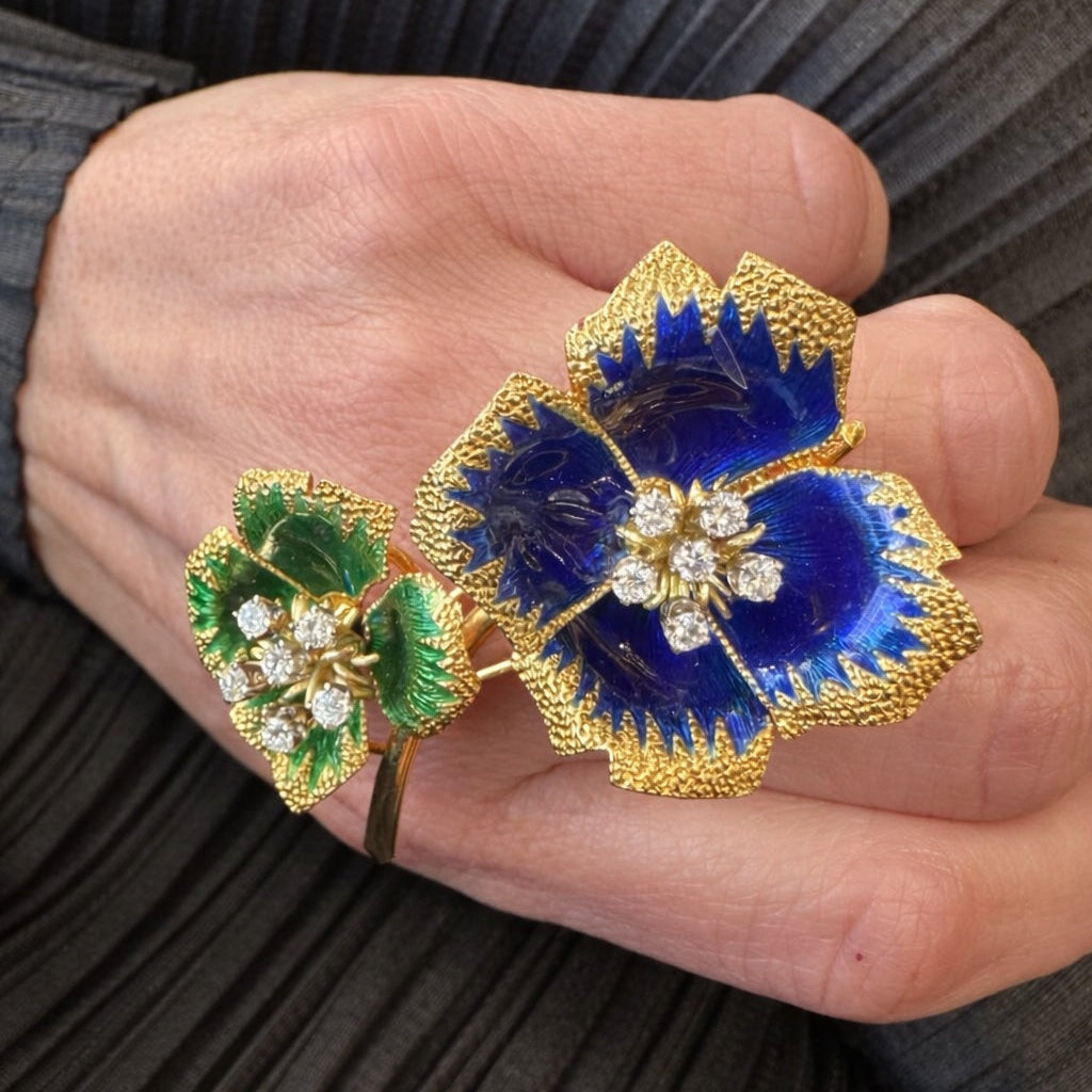 Vintage 18K Gold Blue & Green Enamel Flower Diamond Brooch