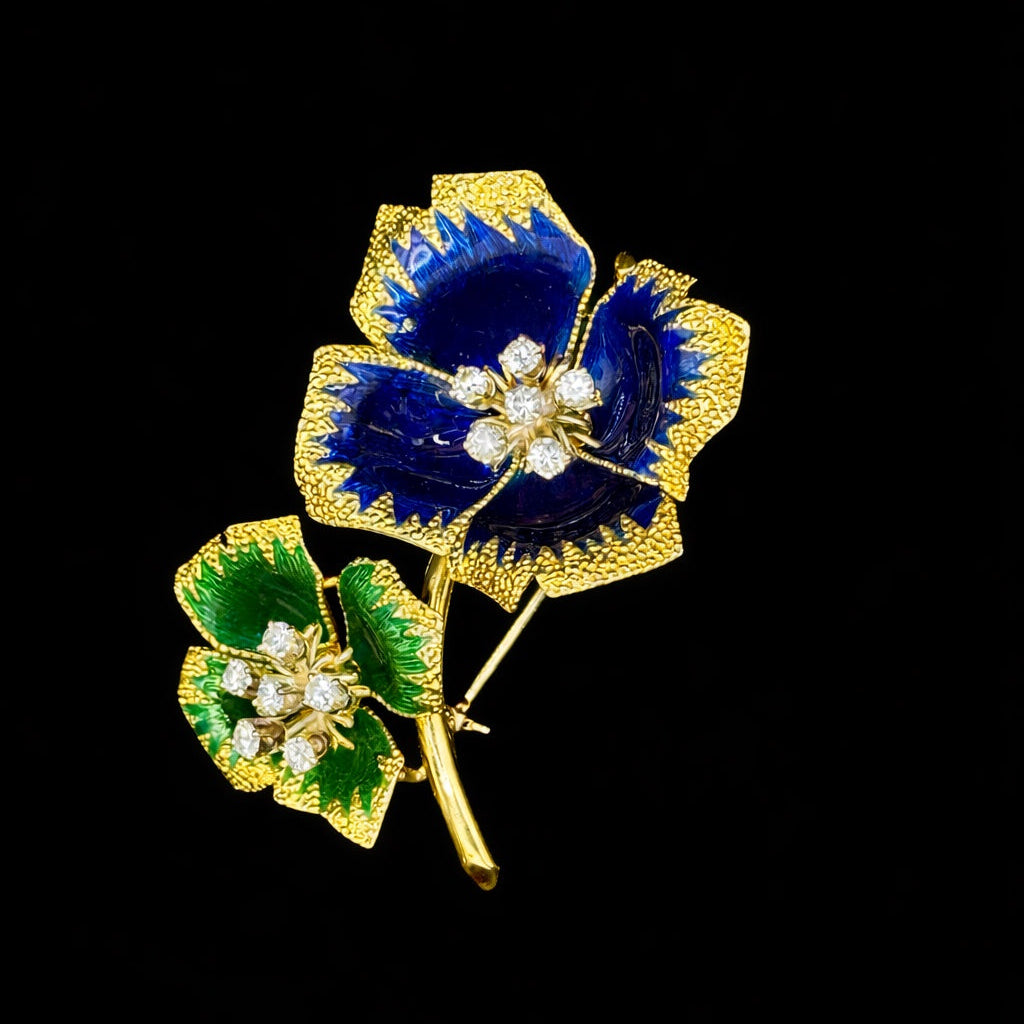 Vintage 18K Gold Blue & Green Enamel Flower Diamond Brooch