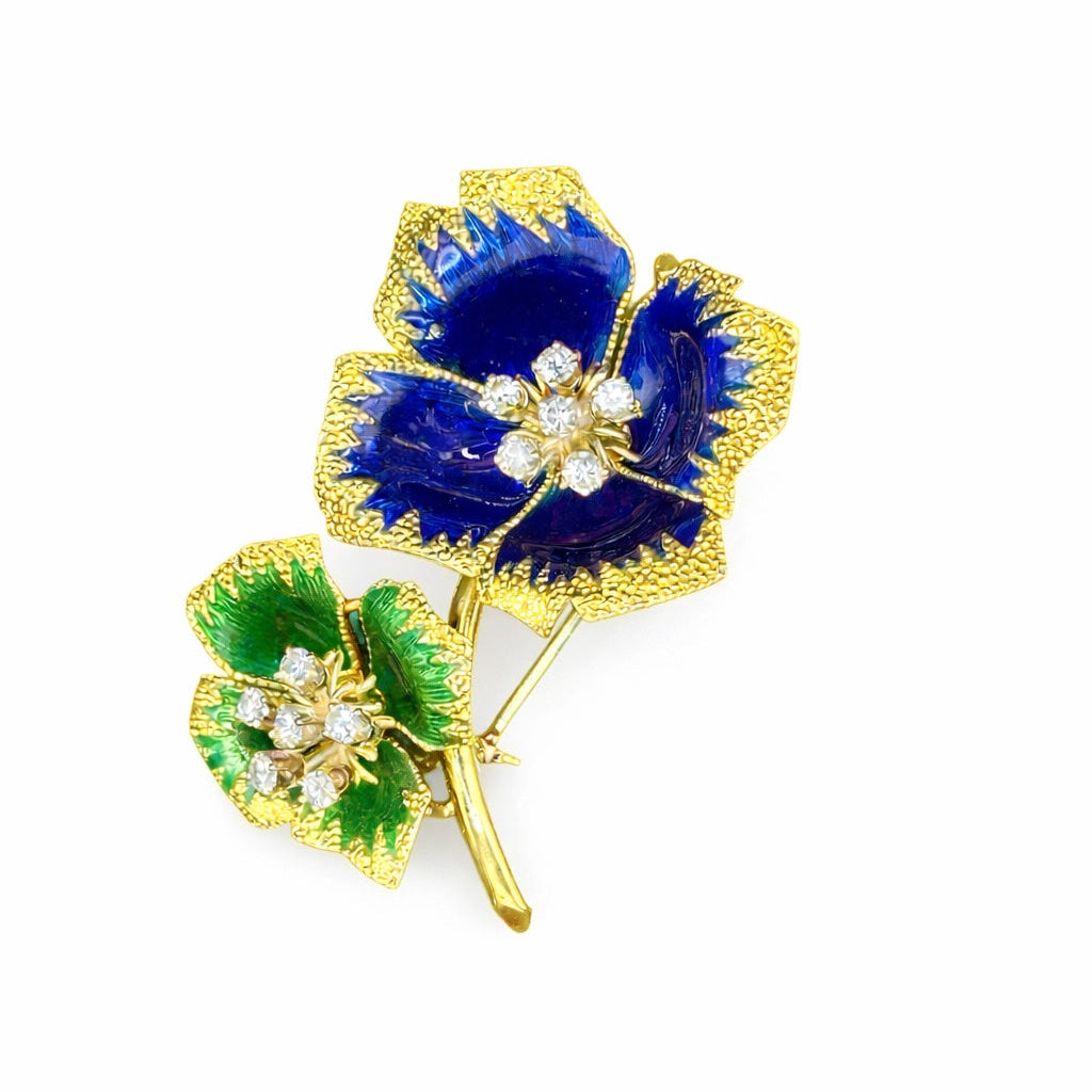 Vintage 18K Gold Blue & Green Enamel Flower Diamond Brooch