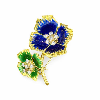Vintage 18K Gold Blue & Green Enamel Flower Diamond Brooch