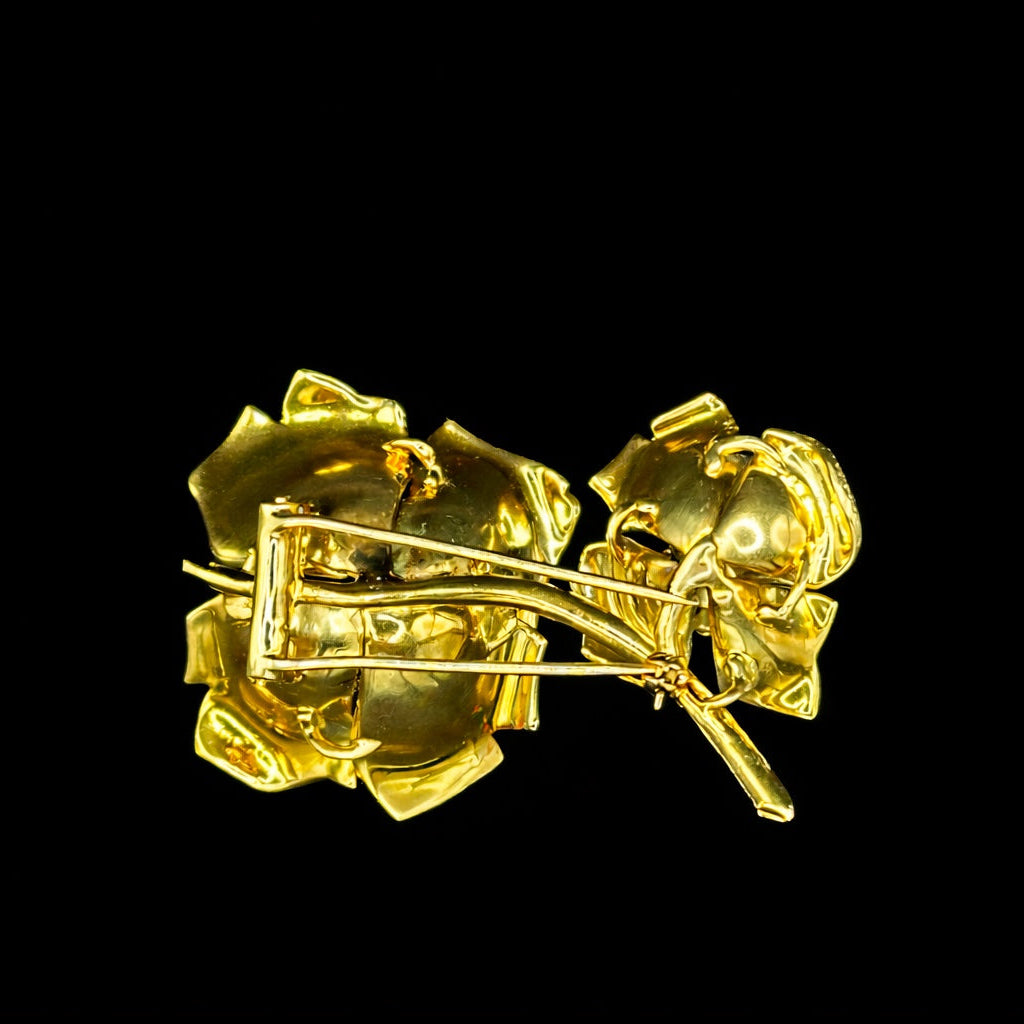 Vintage 18K Gold Blue & Green Enamel Flower Diamond Brooch