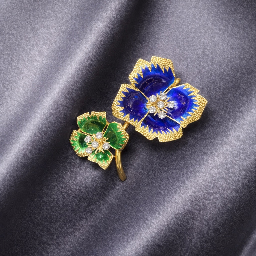 Vintage 18K Gold Blue & Green Enamel Flower Diamond Brooch