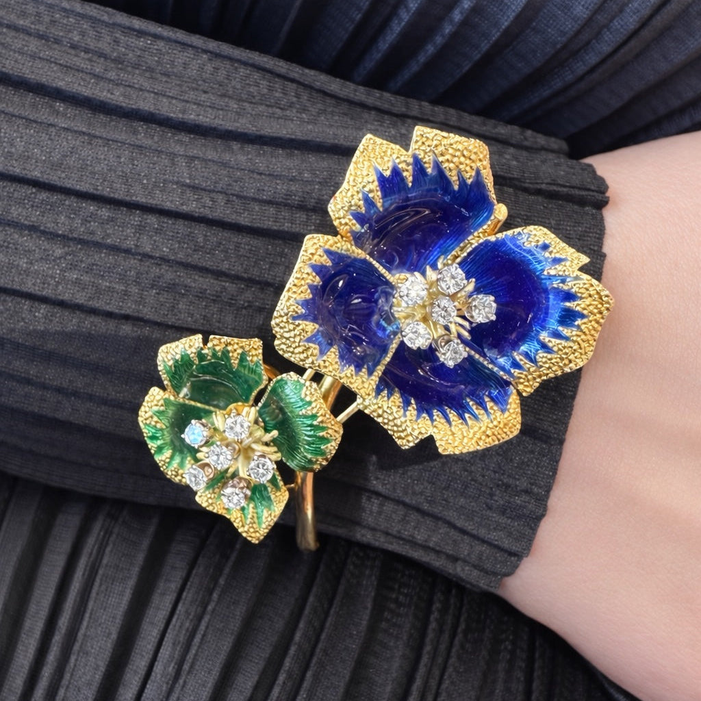 Vintage 18K Gold Blue & Green Enamel Flower Diamond Brooch