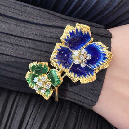 Vintage 18K Gold Blue & Green Enamel Flower Diamond Brooch