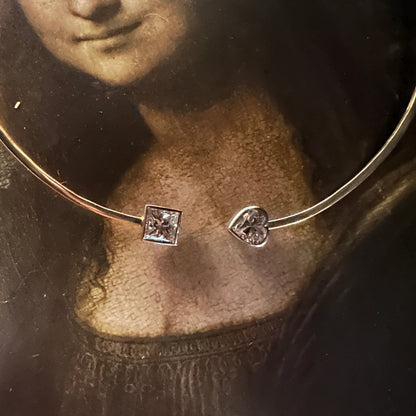 Square & Heart Diamond Open Cuff Necklace – 18k Gold, Platinum Bezels