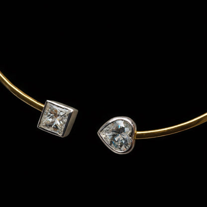 Square & Heart Diamond Open Cuff Necklace – 18k Gold, Platinum Bezels