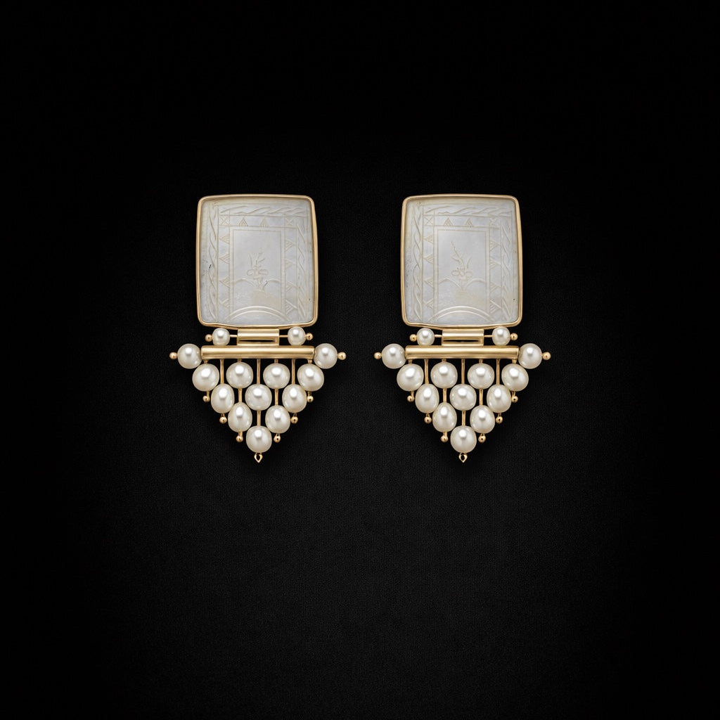 Antique Chinese Mother-of-Pearl &amp; Pearl Earrings in 14K Gold