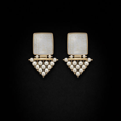 Antique Chinese Mother-of-Pearl &amp; Pearl Earrings in 14K Gold