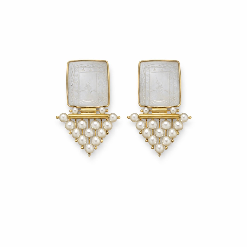 Antique Chinese Mother-of-Pearl &amp; Pearl Earrings in 14K Gold