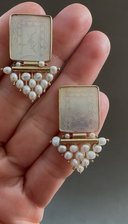 Antique Chinese Mother-of-Pearl &amp; Pearl Earrings in 14K Gold