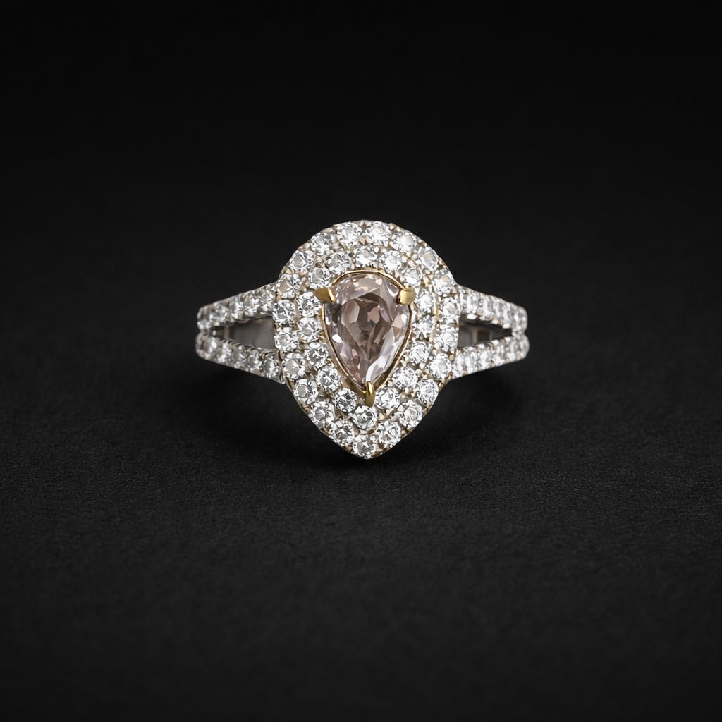 0.42 ct Natural Fancy Pink Diamond Ring – Pear Cut GIA Certified | Double Halo Diamond Ring | Fine Jewelry